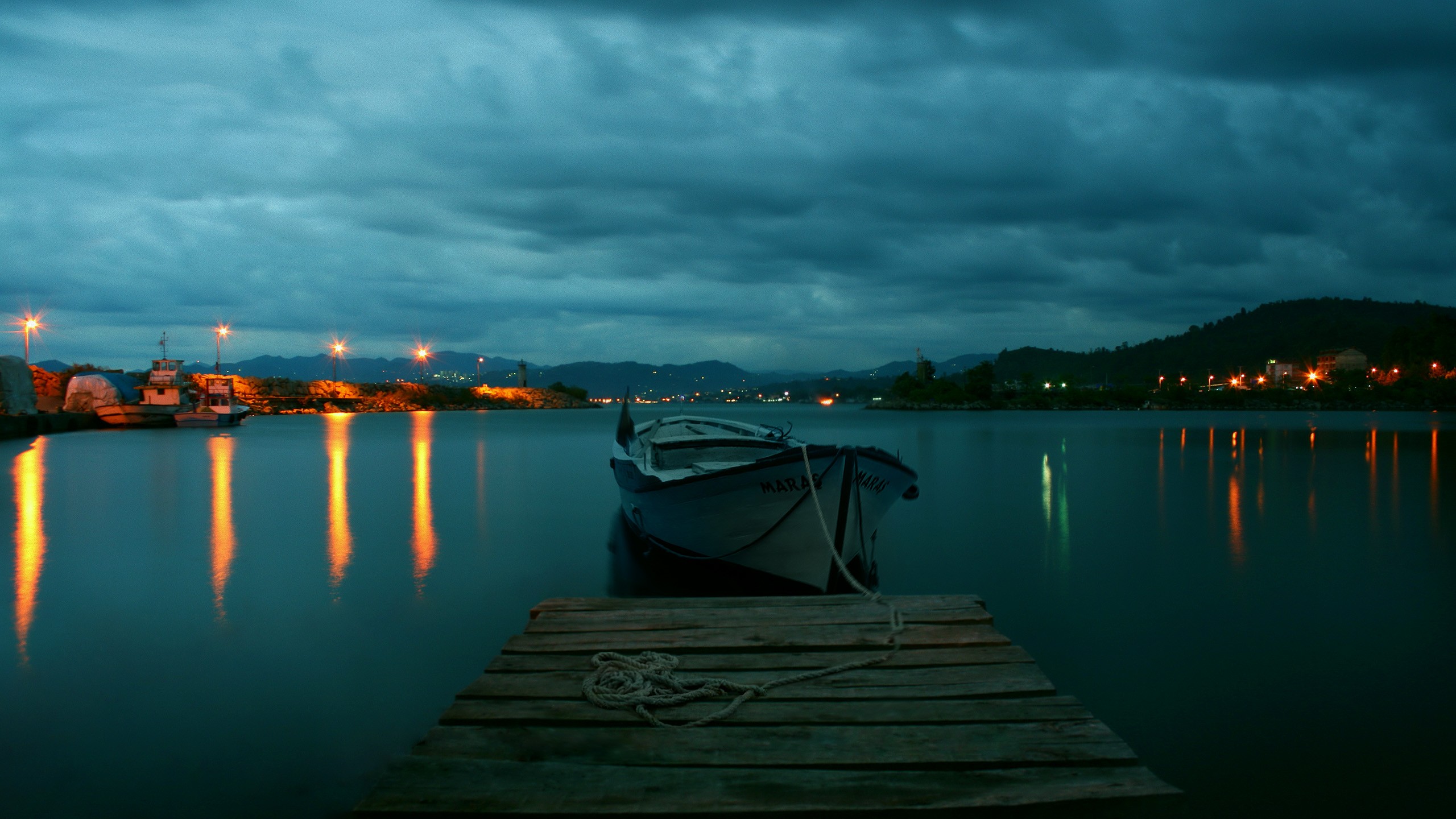 Boat at dock in evening