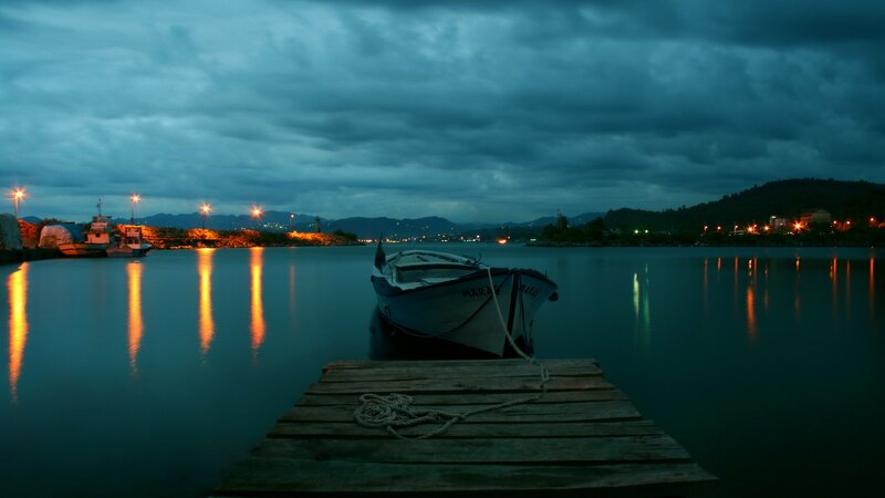 Boat at Dock in Harbor — Blue, Serene