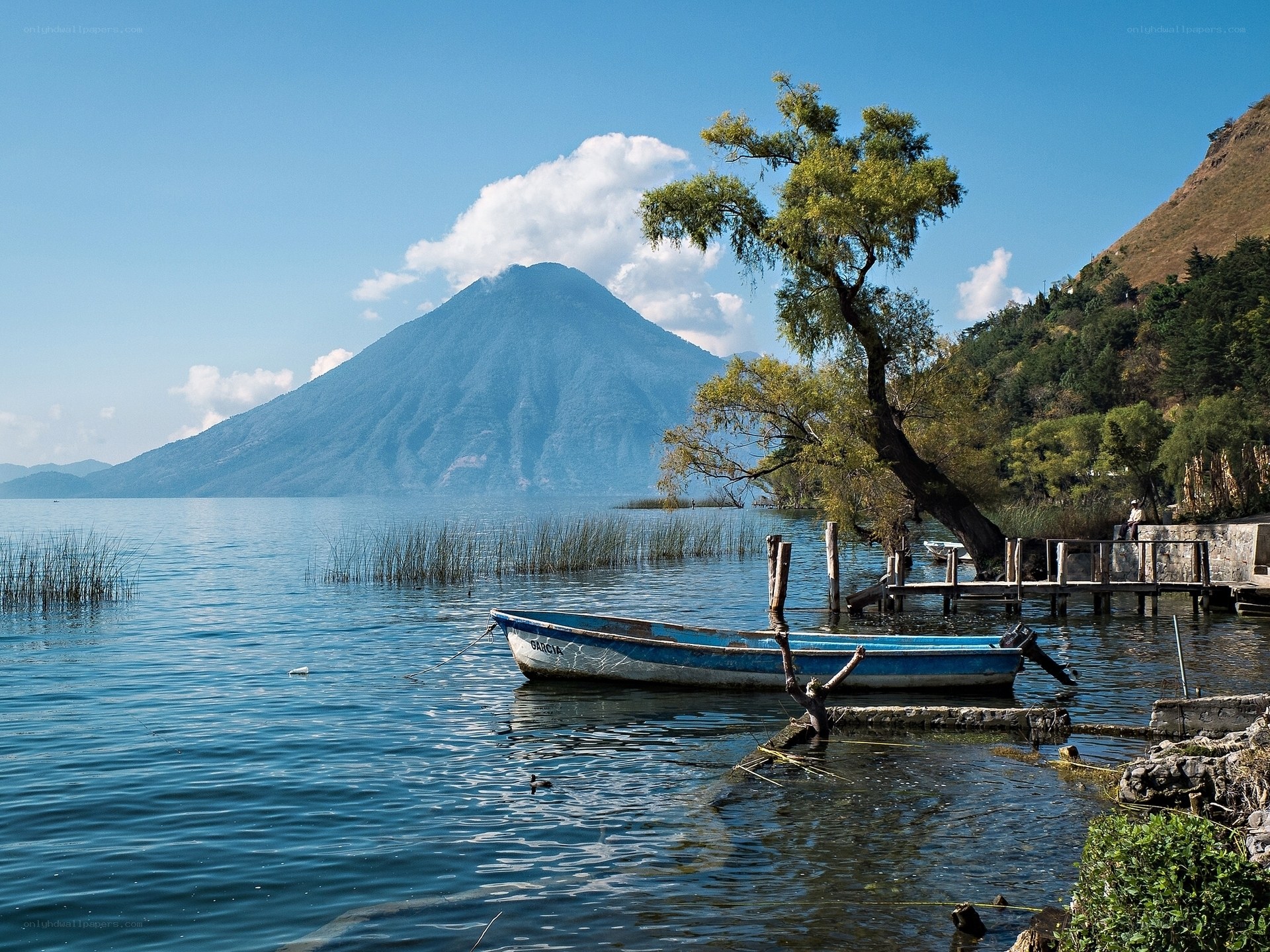Boat at lake with volcano