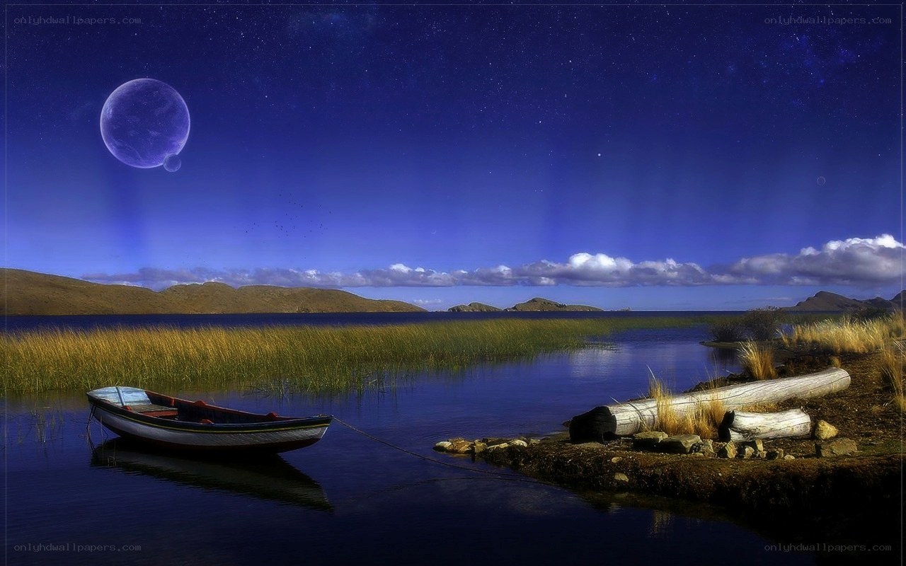 Boat at night under a planet