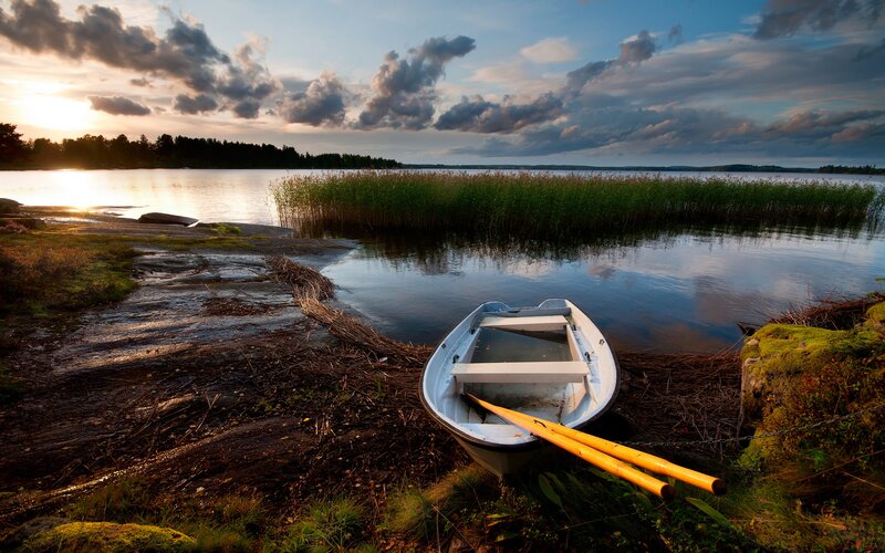 Boat at sunset on a lake