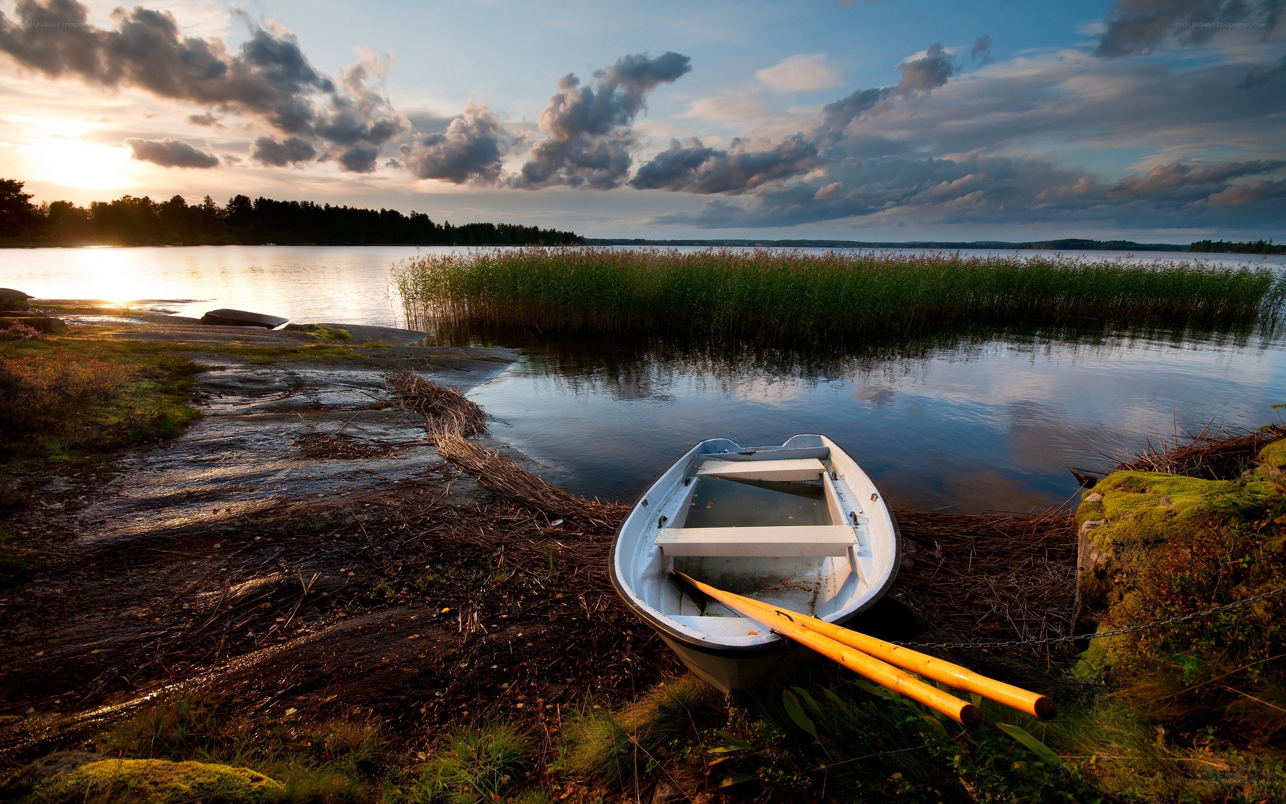 Boat at sunset on a lake