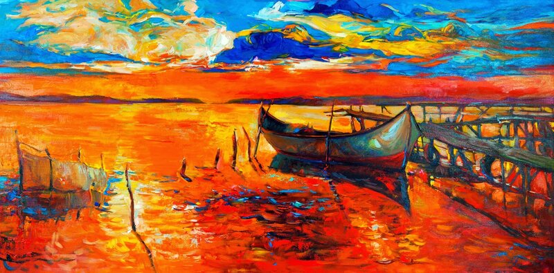 Boat at Sunset — Orange, Dramatic, Painting, Dock