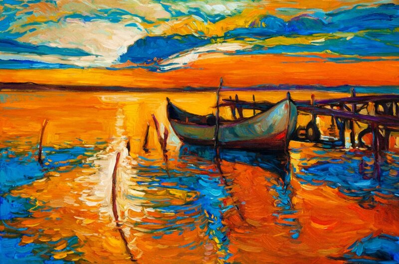 Boat at Sunset — Orange, Dramatic, Painting