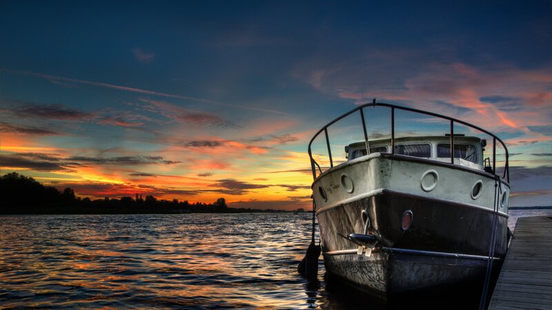 Boat at Sunset — Orange, Dramatic, Photograph, Dock