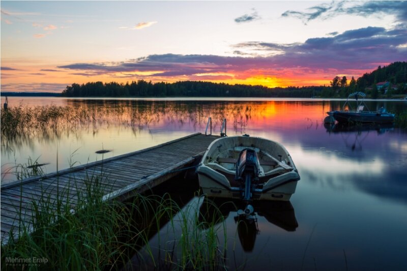 Boat at Sunset — Orange, Serene, Photograph, Dock