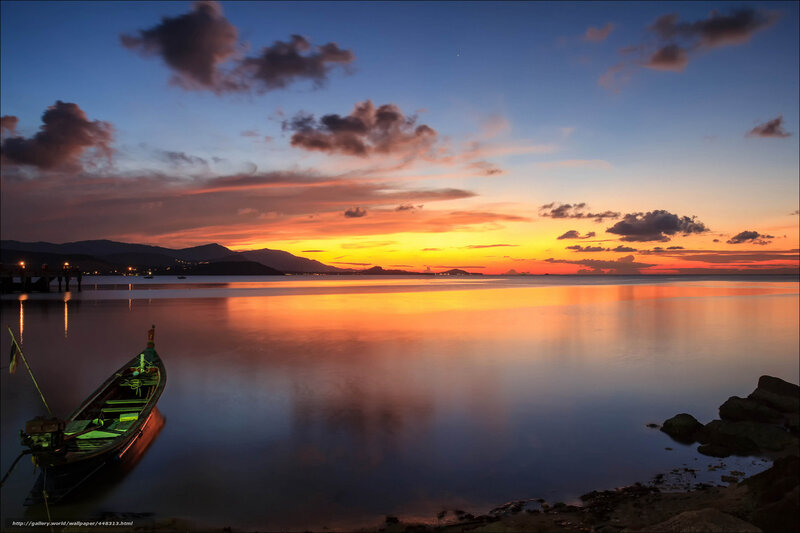 Boat at Sunset — Orange, Serene, Photograph, Mountains