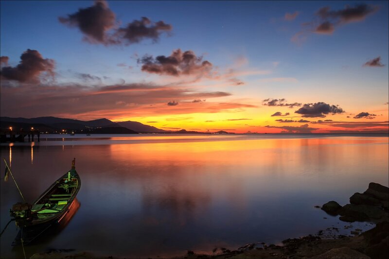 Boat at Sunset — Orange, Serene, Photograph, Sky