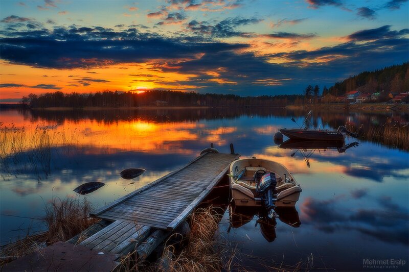 Boat at Sunset — Orange, Serene, Photograph