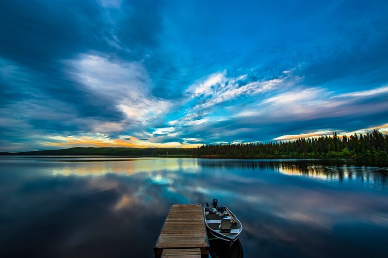 Boat at Wooden Dock — Blue, Dramatic