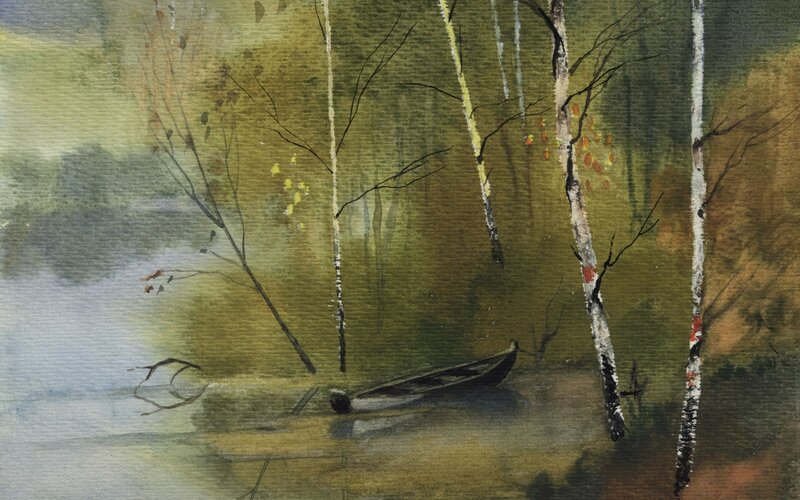 Boat by birch trees