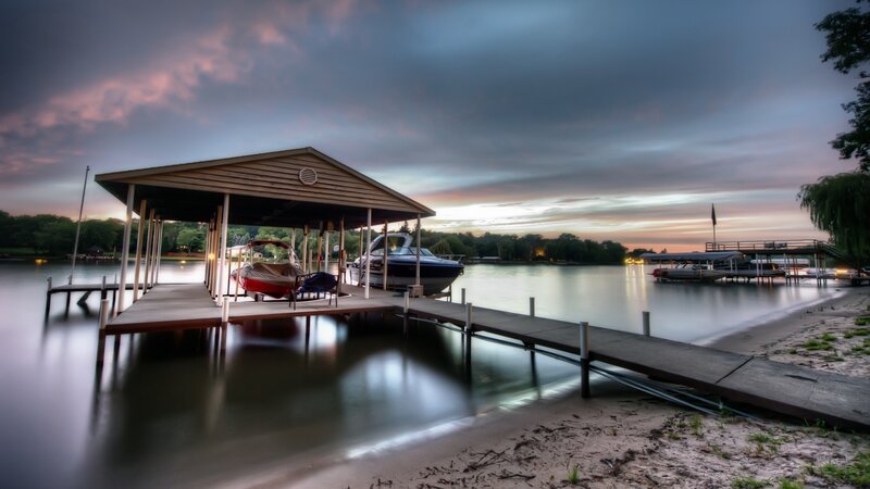 Boat Dock at Sunset — Blue, Serene