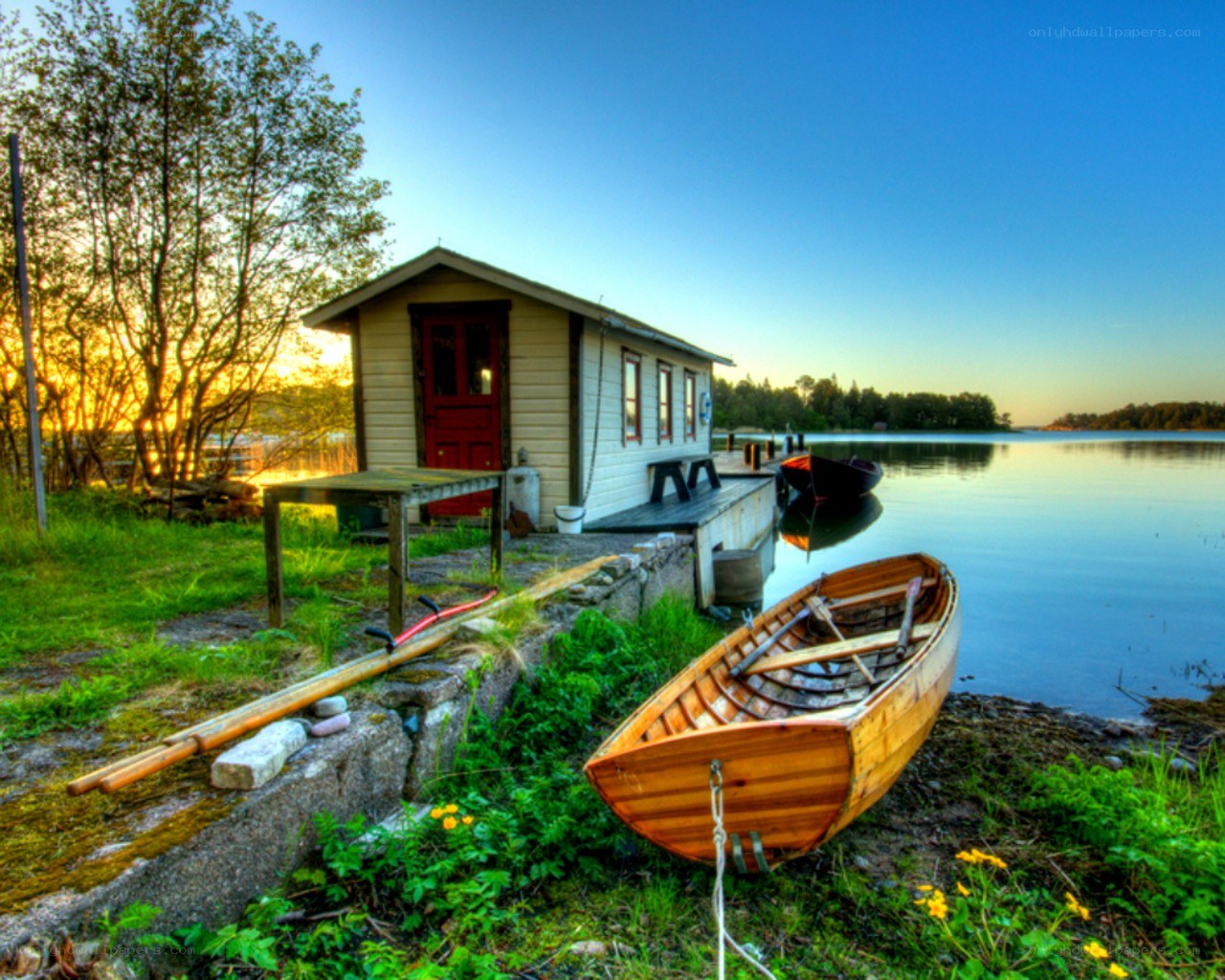 Boat house at sunset