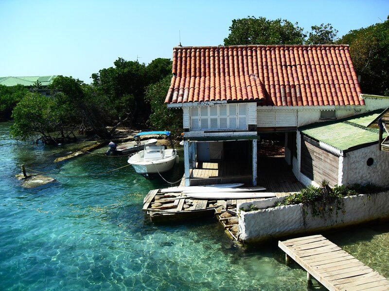 Boat house on a tropical shore