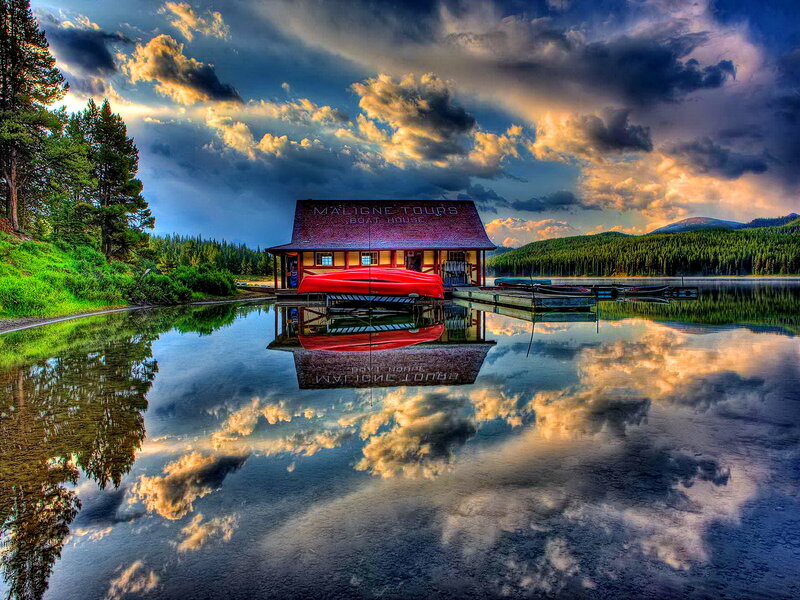 Boat House on Lake — Blue