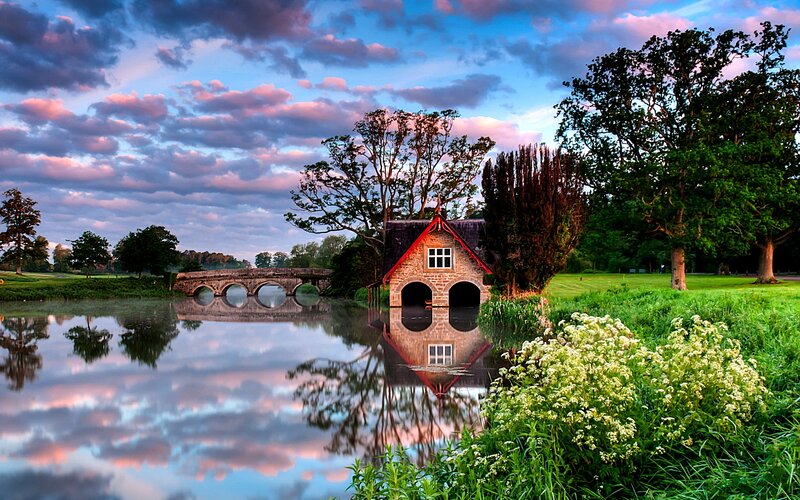 Boat House on River — Blue, Serene, Sunset