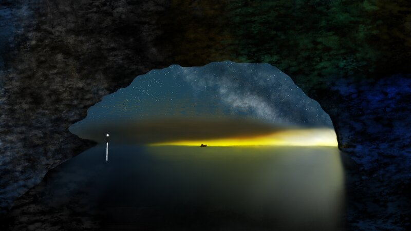 Boat in Cave at Night