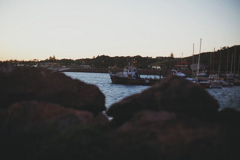 Boat in Harbor at Dusk — Blue, Calm, Sunset