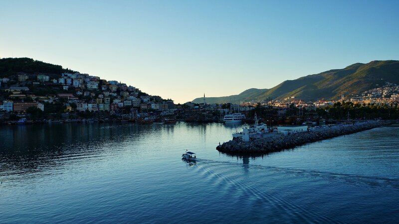 Boat in Harbor at Dusk — Blue