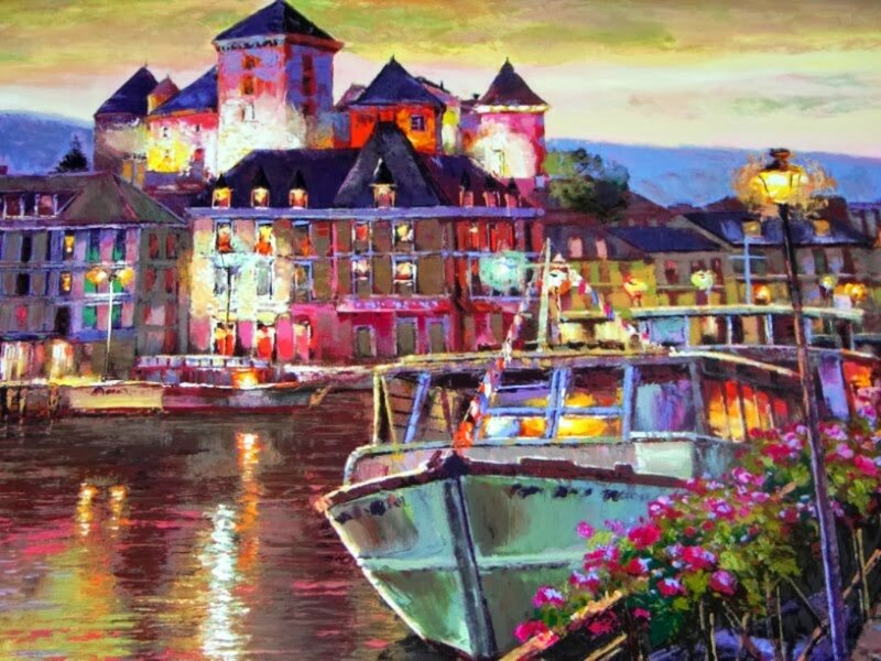 Boat in Harbor at Dusk — Purple