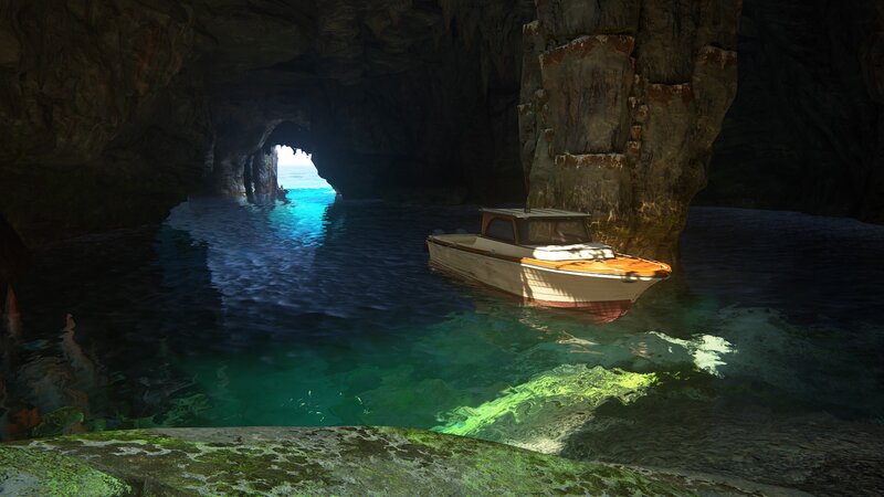 Boat in Sea Cave — Blue
