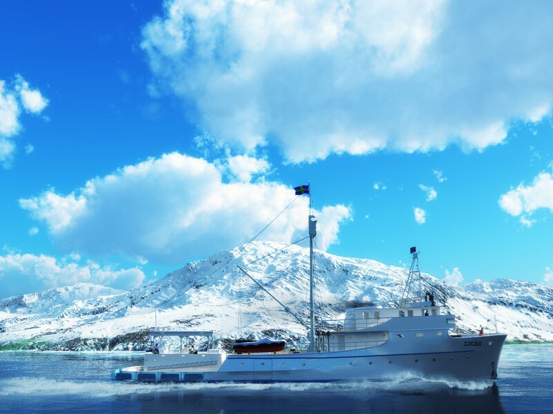 Boat in snowy mountain landscape