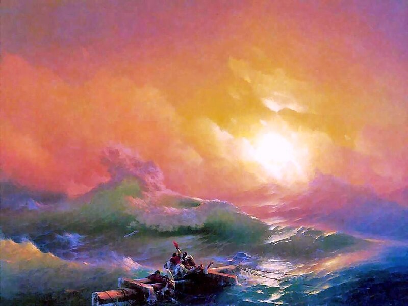 Boat in stormy sea at sunset
