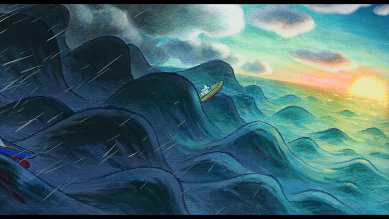 Boat in stormy sea at sunset