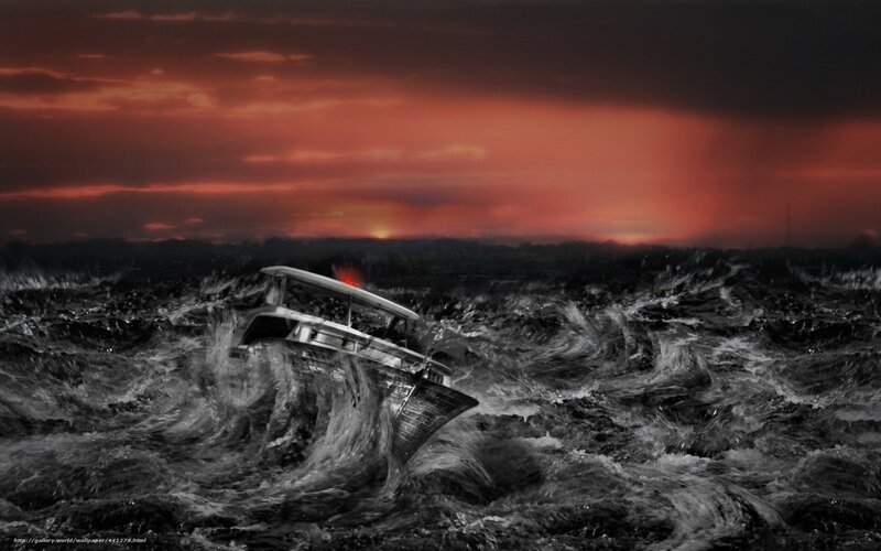 Boat in Stormy Sea — Red