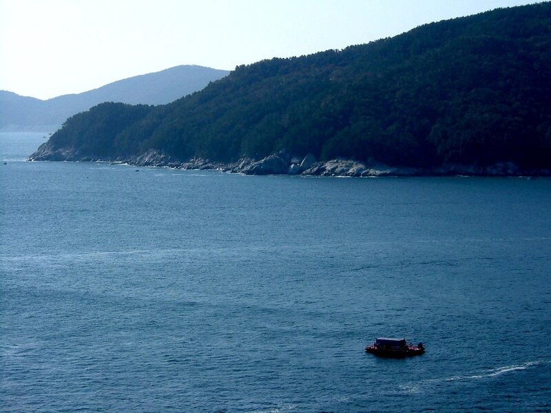 Boat near forested coastline