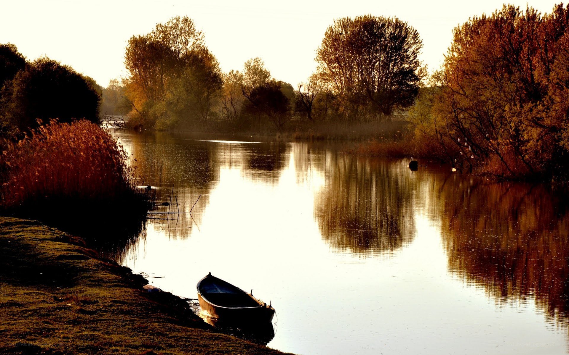 Boat on a calm river at sunset