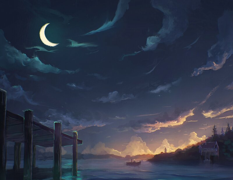 Boat on a Lake at Night — Blue