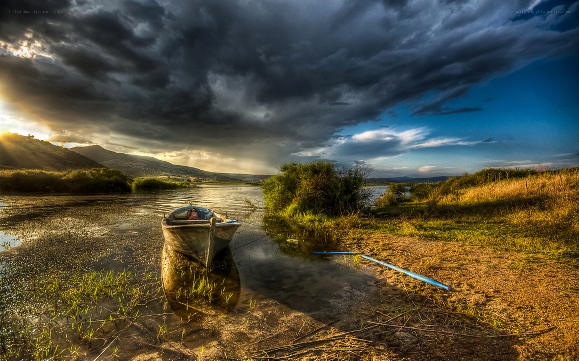 Boat on a lake at sunset
