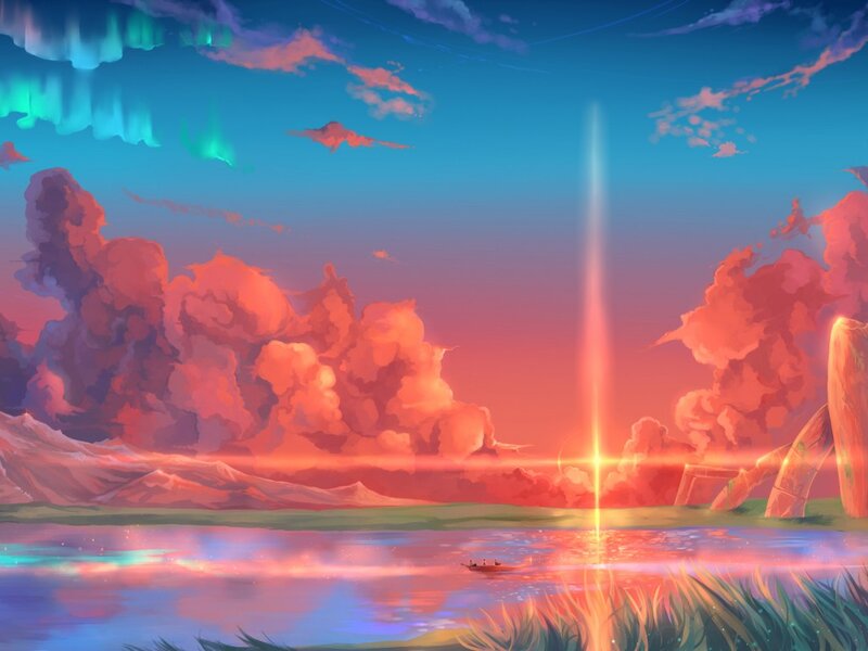 Boat on a Lake at Sunset — Blue, Serene