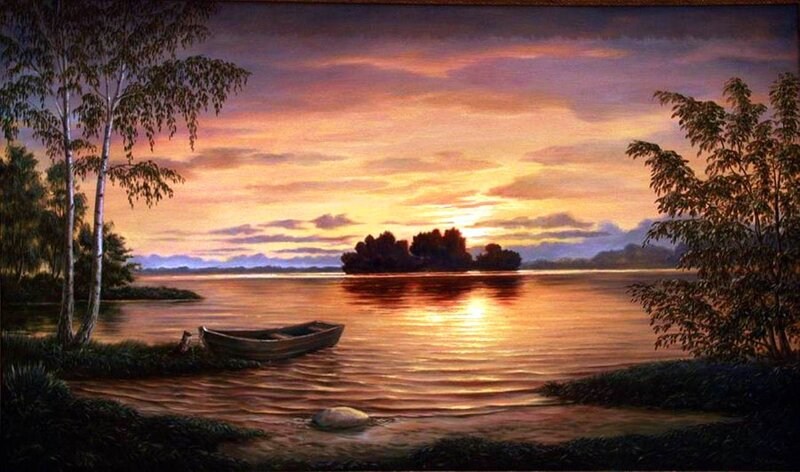 Boat on a Lake at Sunset — Orange, Serene, Painting
