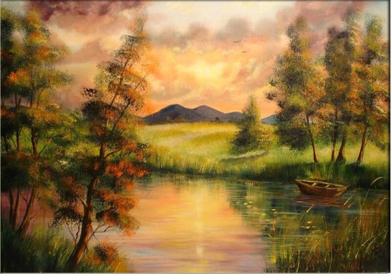 Boat on a Lake at Sunset — Orange
