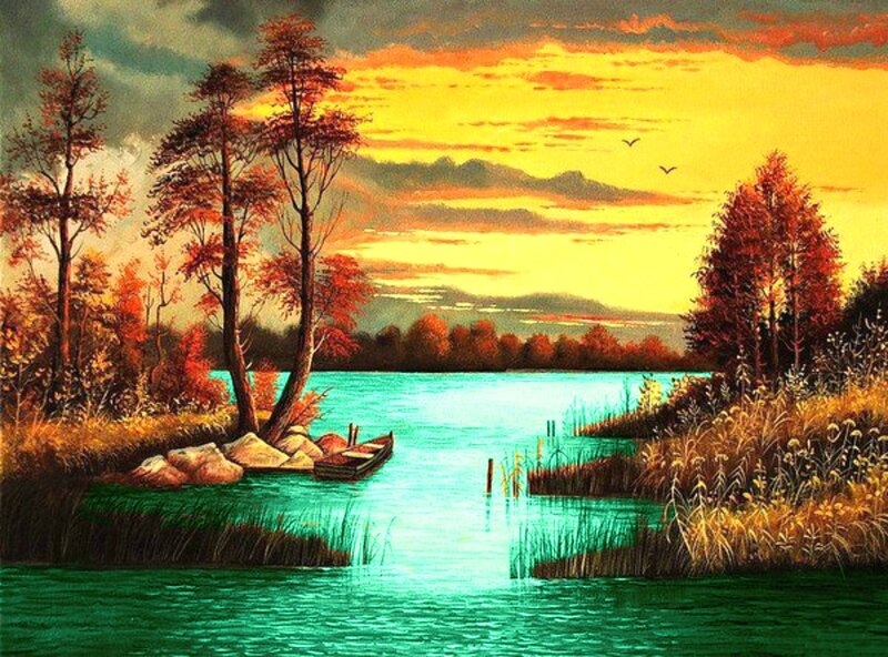 Boat on a Lake at Sunset — Yellow