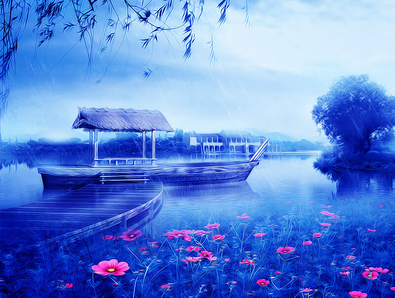 Boat on a Lake — Blue, Serene, Digital Art
