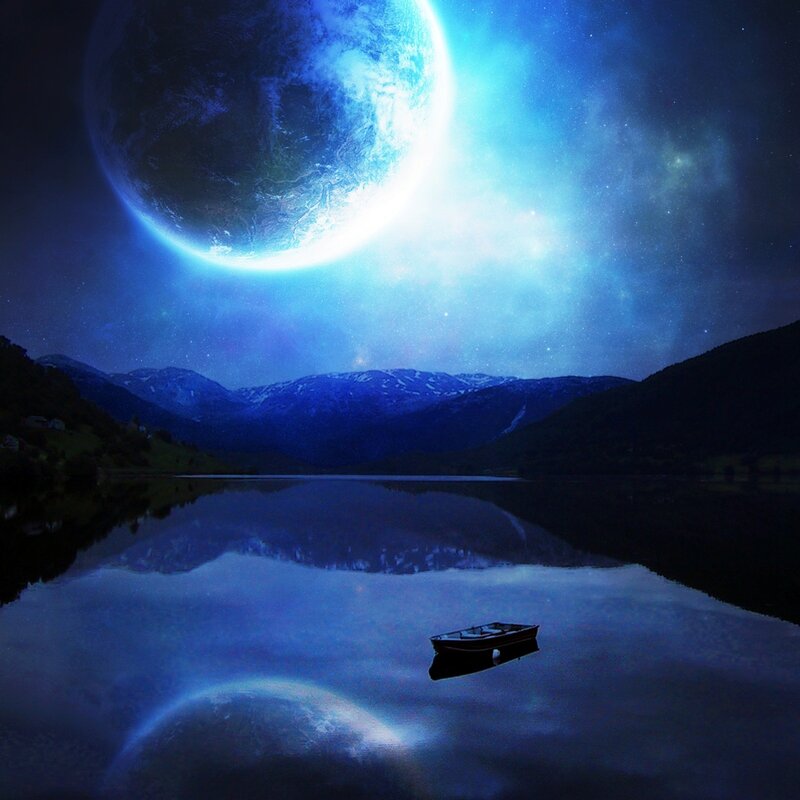 Boat on a Lake — Blue, Serene, Night