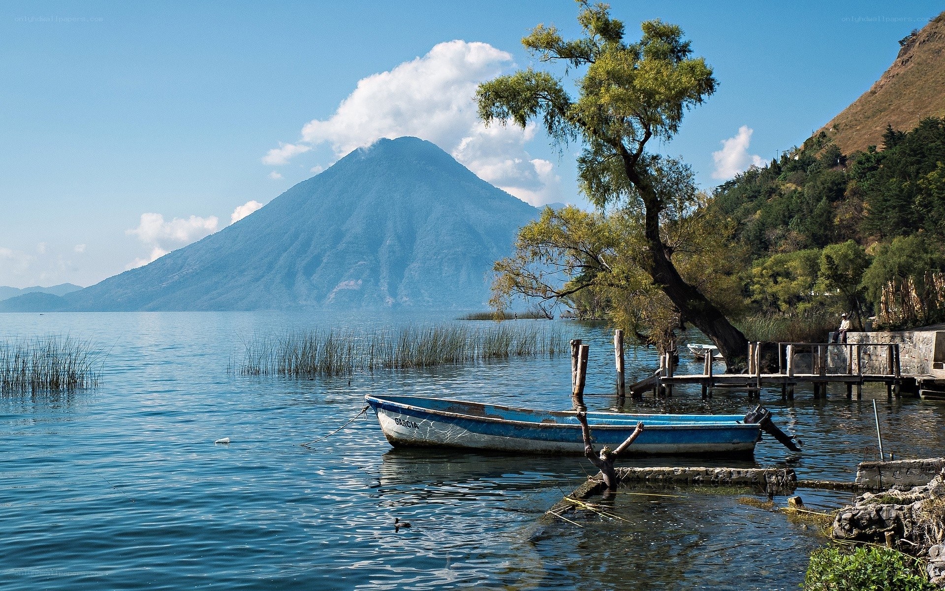Boat on a lake with a volcano