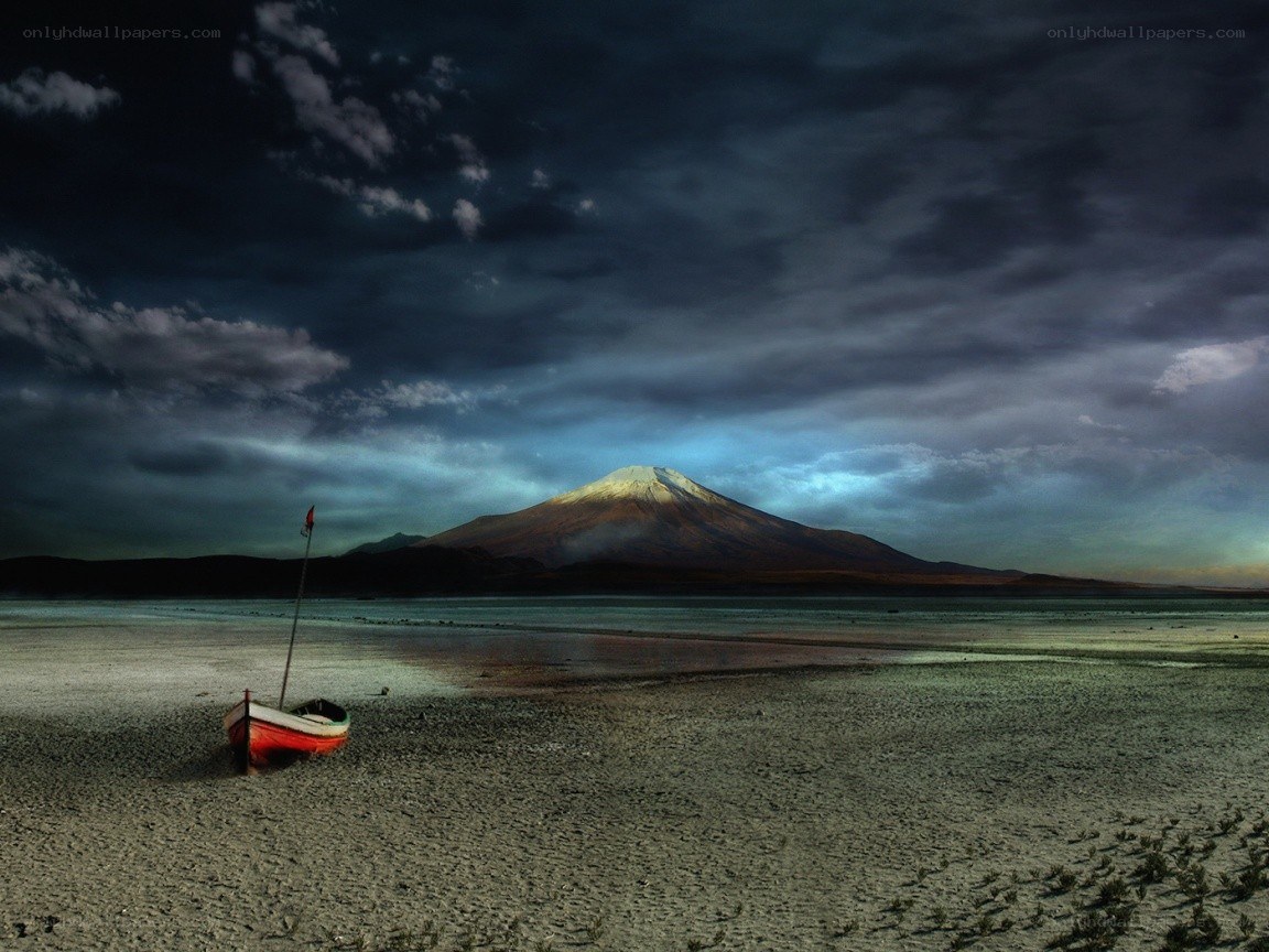 Boat on a lake with mountain