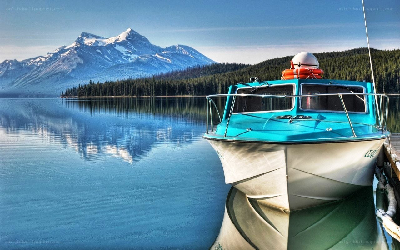 Boat on a lake with mountains