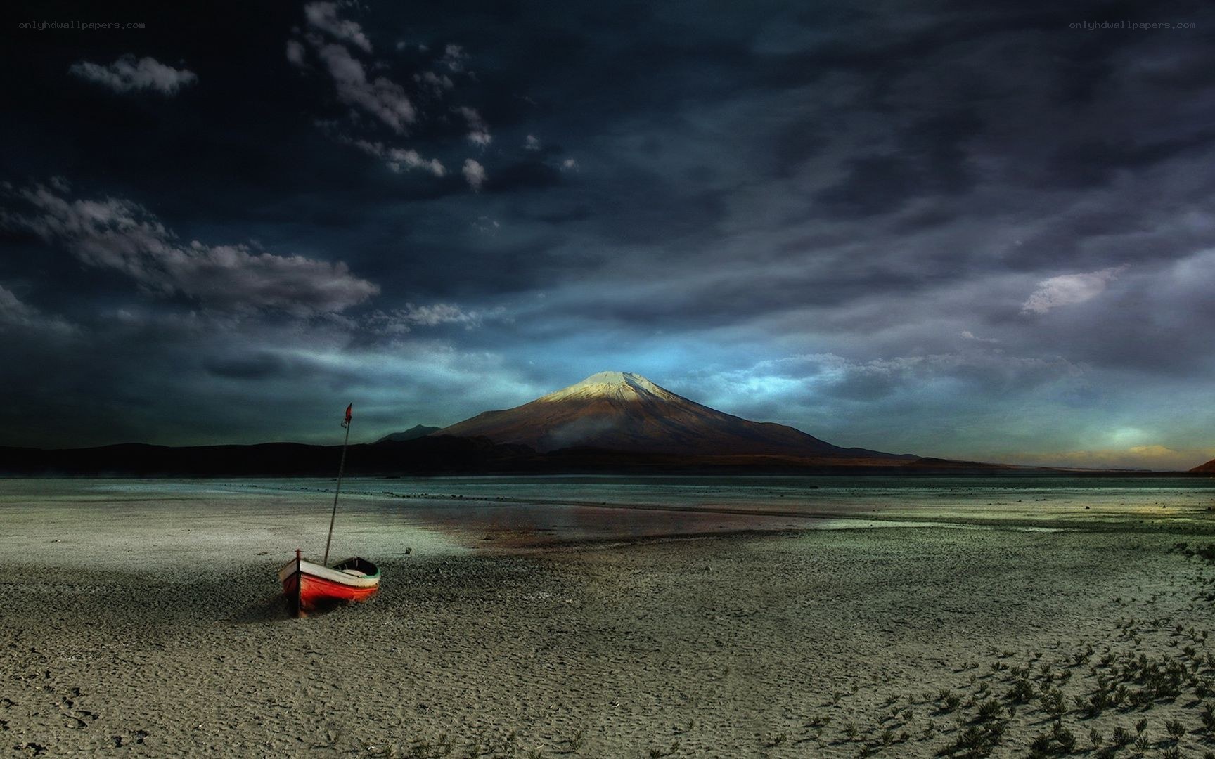 Boat on a lake with volcano