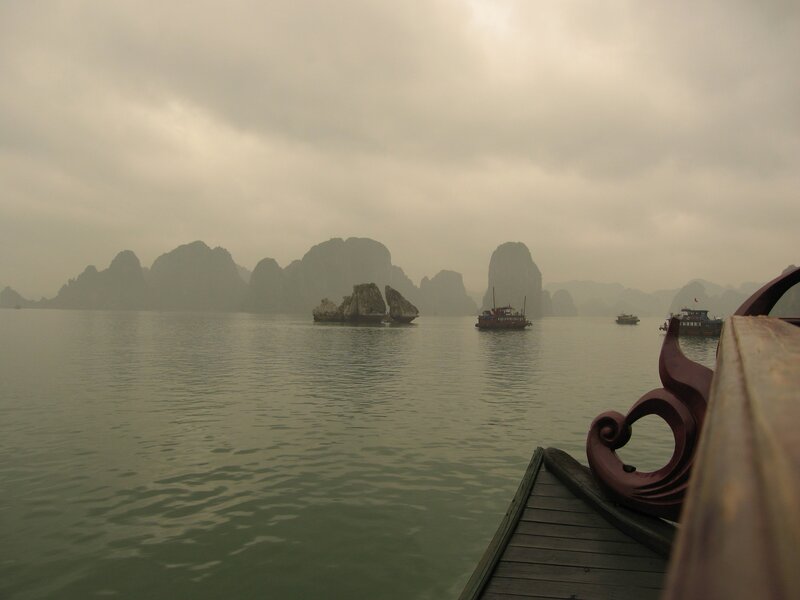 Boat on a misty bay