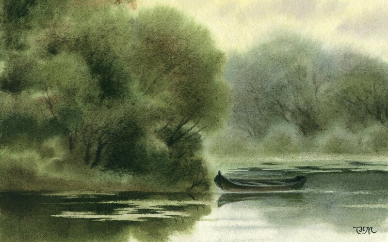 Boat on a misty river