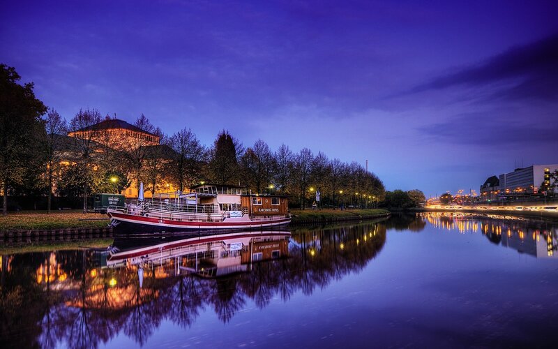 Boat on a River at Night — Blue, Serene