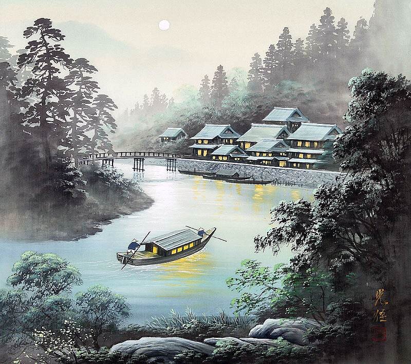 Boat on a River at Night — Blue