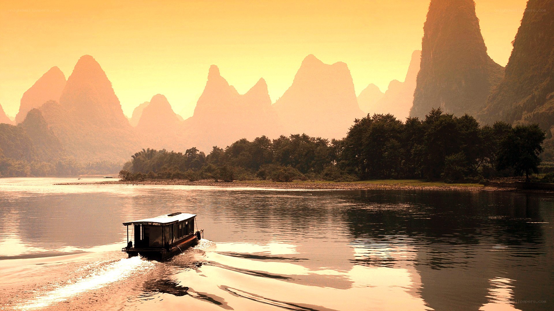 Boat on a river at sunset