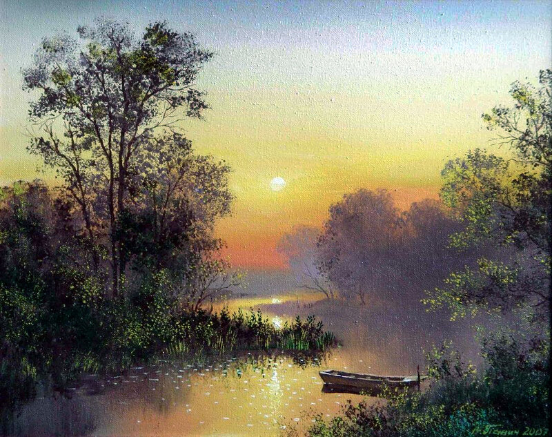 Boat on a River at Sunset — Yellow, Serene