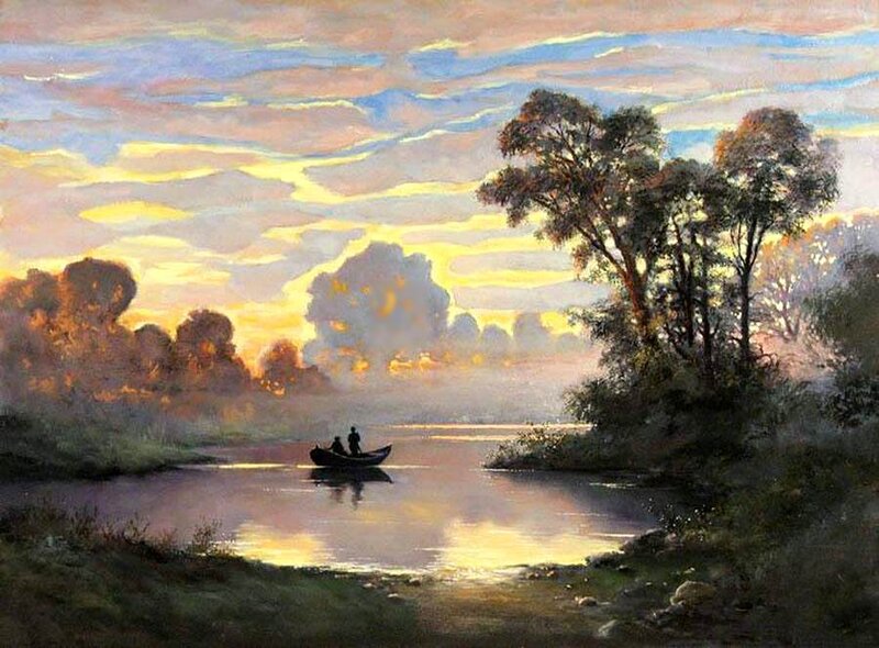 Boat on a River at Sunset — Yellow